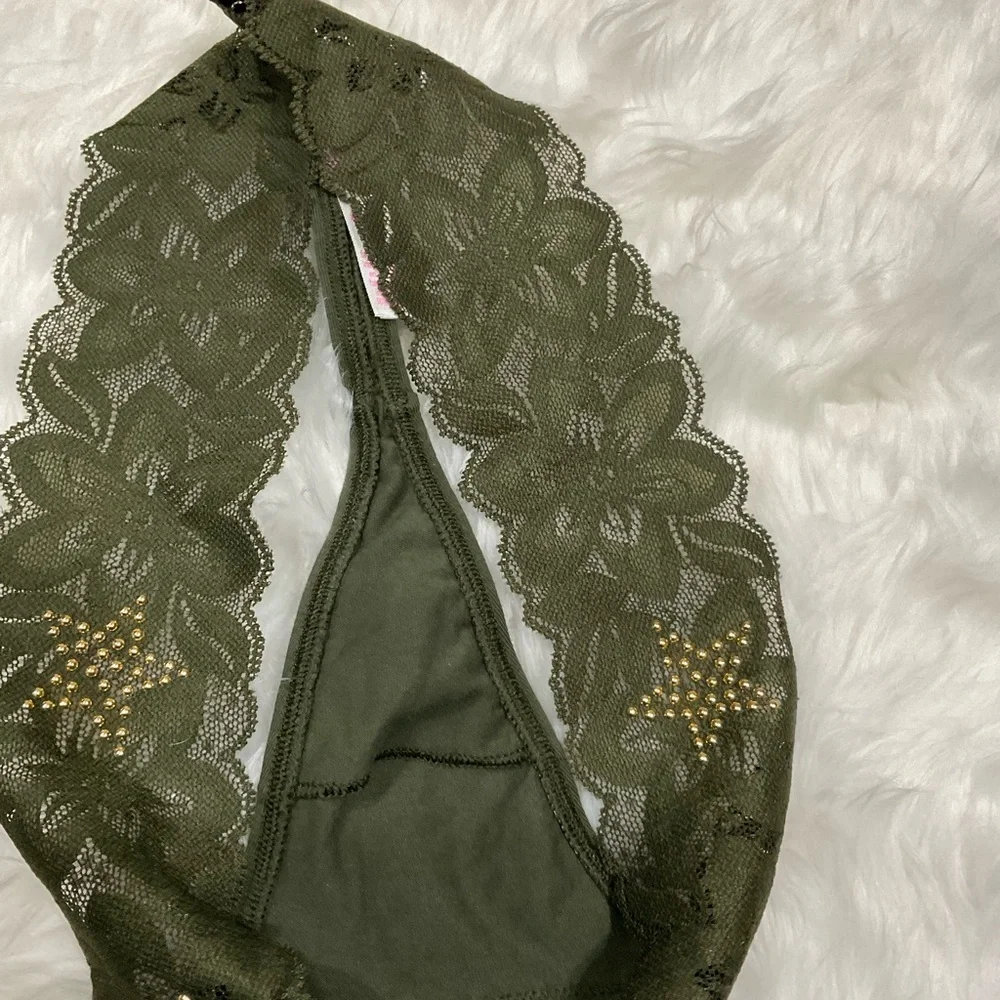 Y2K Victoria's Secret PINK Olive Lace Thong with Gold Studs